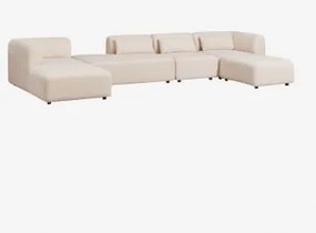 Sofa Modułowy Z Lewym Szezlongiem, 4 Części, Z Otomanką I Pufem Fogler Tkanina Baranek Boucle Kremowy Beż - Sklum