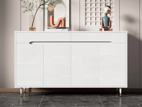 Nowoczesna szafa na buty 140x39x84 cm - 2 drzwi i 2 szuflady - Regulowane półki - Złote nogi - Biały