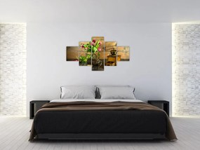 Obraz - tulipany, młynek i kawa (125x70 cm)