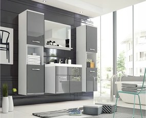 Zestaw mebli łazienkowych, komplet wiszący z umywalką, lustrem i 2 słupkami, korpus biały fronty szary połysk