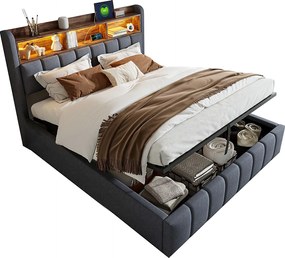 Łóżko z pojemnikiem i tapicerowanym zagłówkiem 180x200 cm - z oświetleniem LED + portem USB - Len - szare (bez materaca)