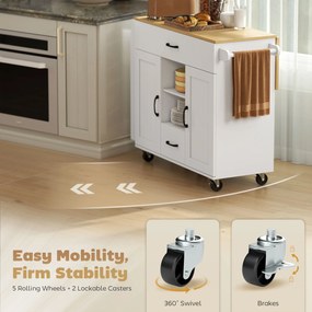 HOMCOM Wyspa kuchenna na kółkach z rozkładanym blatem szafką soft-close szufladami i wieszakiem na ręczniki biała | Aosom PL