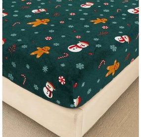 PrzytulneMieszkanie.pl Prześcieradło z mikropluszu SNOWMAN AND GINGERBREAD 90x200 cm zielone