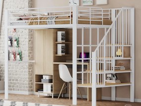 Łóżko mezzanine 140x200cm z metalu - z półkami i drabiną bezpieczeństwa - Białe (materac nie jest w zestawie)