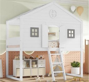 Łóżko piętrowe 90x200 cm z litego drewna - z drabinką - w kształcie dachu - Białe