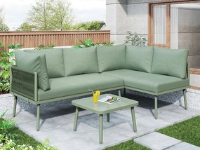 Zestaw mebli ogrodowych z kutego żelaza - 4 miejsca - narożna sofa zewnętrzna z poduszkami - 2 sofy i 1 stolik kawowy - dekoracja pleciona z liny - Zielony