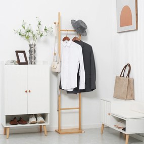 HOMCOM Nowoczesny stojak na ubrania, 2 haki &amp; 3 drążki, solidny bambus, 36x24x168 cm, naturalny