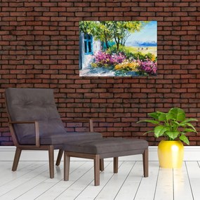 Obraz ogrodu przed domem, obraz olejny (70x50 cm)