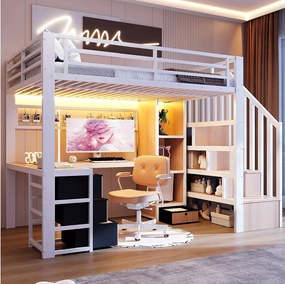 Łóżko piętrowe dla dzieci - 90 x 200 cm - rama żeliwna - z 4 szufladami + półka + drabinka + diody LED + biurko - metalowe - białe