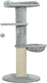 PawHut Drapak dla kota, słupek ze sizalu, wielopoziomowy, materiał pluszowy, wisząca piłeczka, Jasnoszary