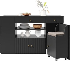 Wyspa kuchenna ze stołem składanym - 140 x 40/70 x 89 cm - ze stołkami + 6 szuflad + drzwi - MDF + metal - czarny
