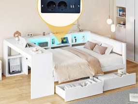 Łóżko dziecięce 140x200cm - z 2 szufladami i stacją ładowania - z kolorowymi światłami LED - białe (bez materaca)