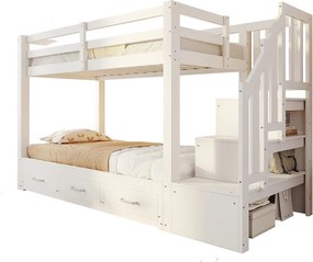 Łóżko piętrowe dziecięce 90 x 200 cm - z drabiną z pojemnikami - z 3 szufladami - z łóżkiem chowanym - biały​ (materac nie jest wliczony w cenę)