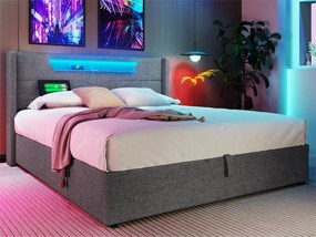 Łóżko tapicerowane 140x200cm z tkaniny lnianej - z LED i portami ładowania - z stelażem na listwach - Szare
