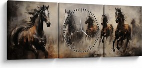 Obraz - Obraz olejny przedstawiający konie (z zegarem) (90x30 cm)