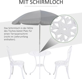 Outsunny Stylowy Zestaw Mebli Balkonowych 3-częściowy - Aluminium, Biały Kolor, 2 Krzesła, Stół z Otworem na Parasol