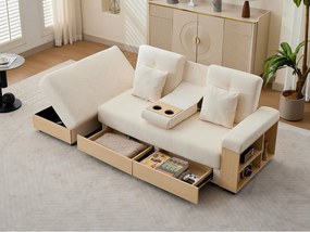 Nowoczesna sofa 3-osobowa - Regulowane oparcie w 3 pozycjach - Pufa ze schowkiem - 2 szuflady i uchwyt na kubki - Tkanina szenilowa - Beżowy