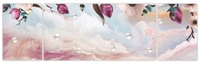 Obraz różowych kwiatów z różowym marmurem (170x50 cm)