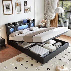 Łóżko 160x200 cm ze schowkiem na sprężyny gazowe, portami USB/typu C, oświetleniem LED i tkaniną lnianą – praktyczne i nowoczesne, czarne