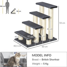 PawHut Schody dla kota lub psa 4-stopniowe z sizalu Szare schodki do wspinania | Aosom PL