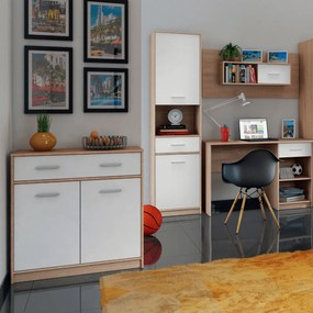 Komoda Dwudrzwiowa z Szufladą Wąska do Salonu DEW 83 cm Dąb sonoma/biała Nowoczesna