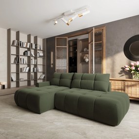 Masseno Narożnik FLUMA z funkcją spania i pojemnikiem na pościel Narozniki L, Rozkładana sofa - Oliwkowy, CASTEL 39
