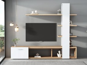 Ścienna szafka TV z przechowalnią - 3 przegrody i 3 półki - Biała i naturalna