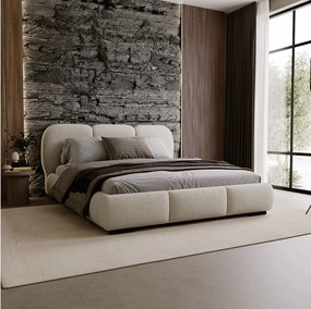 BESILIO Łóżko z pojemnikiem i stelażem 180x200 Holi- łóżko podwójne tapicerowane, tkanina boucle, baranek - Beżowy