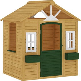 AIYAPLAY Drewniany domek ogrodowy dla dzieci z drzwiami, 3 oknami i 2 skrzynkami na kwiaty, dla dzieci w wieku 3-8 lat, 134,5 x 97 x 150 cm, brązowy | Aosom PL