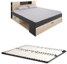 Łóżko ze skrzynią i szufladami - 140 x 190 cm - Kolory: naturalny i antracyt + Stelaż - LEANDRE