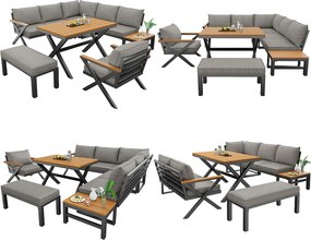 Salon ogrodowy, zestaw mebli na 6-7 osób - kanapa narożna - z żelaza ocynkowanego - stoły jadalniane z tworzywa drewnopodobnego - fotele - ławka, Szary