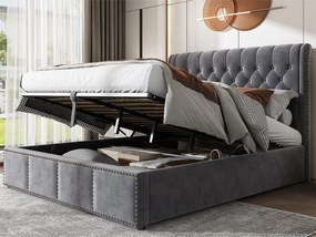 Łóżko ze schowkiem 180 x 200 cm z wezgłowiem - tkanina - stelaż listwowy - kolor szary
