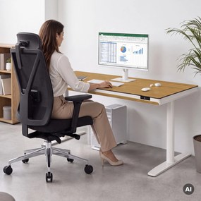 Biurko elektryczne sit-stand z szufladą i ładowarką bezprzewodową Qi białe/złoty dąb, 1600 mm: ELLIS