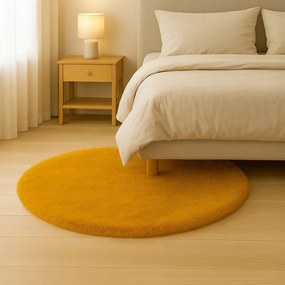Dywanik Musztardowy Okrągły FI 100 cm Antypoślizgowy Puszysty Do Sypialni