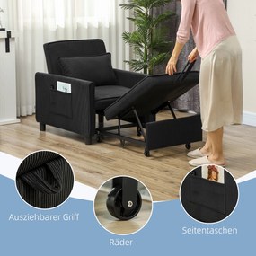 HOMCOM Rozkładany fotel, regulowany, 3 pozycje, Pokrycie z sztruksu, do 120 kg, Czarny