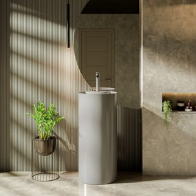 Umywalka z konglomeratu wolnostojąca okrągła szara błyszcząca 87 x 44 cm KALMI GREY GLOW z otworem na baterie : Podłączenie syfonu - Do podłogi