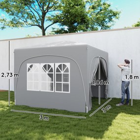 Outsunny Pawilon 3 x 3 m, Pop-Up Namiot Ogrodowy ze Ścianami Bocznymi i Torbą, UPF50+, Regulowana Wysokość, Jasnoszary