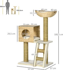 PawHut Drapak z Domkiem dla Kota, Słupkami do Drapania z Sizalu, Zmywalnymi Poduszkami, 100,5Wys x 57Dł x 37Szer cm, Biały/Naturalny