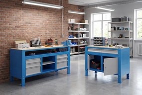 Mobilny stół warsztatowy G9, 1 szafka, 9 szuflad, 1690 x 595 x 865-1130 mm, szary/niebieski