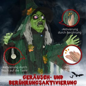 HOMCOM Czarownica na Halloween, Dekoracja z Funkcją Dźwiękową, z Sensorem Ruchu i Światłami LED, 60 cm x 18 cm x 183 cm