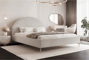 BESILIO Łóżko tapicerowane Boucle 200x200 Velora II - stelaż listwowy, wezgłowie, pojemnik, łóżko slim, wysokie złote nogi - Beżowy