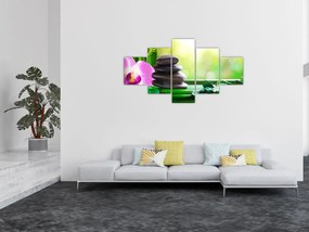 Obraz kamieni do masażu i storczyków na wodzie (125x70 cm)