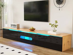 Meble TV 180x35x30cm - wykończenie błyszczące - z oświetleniem LED 16 kolorów - montaż na ścianie - czarny + naturalny