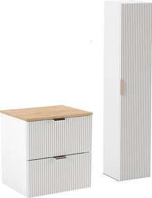Biały Zestaw Łazienkowy 60cm Szafka Blat Orzech Słupek Ryflowane Fronty