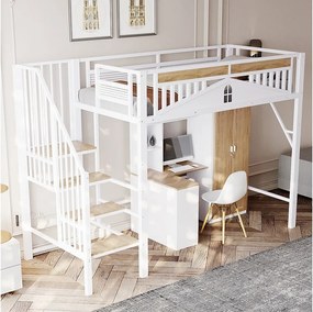 Łóżko piętrowe metalowe dla dzieci - 90 x 200 cm - rama bezpieczeństwa z okienkiem - metal + drewno - białe