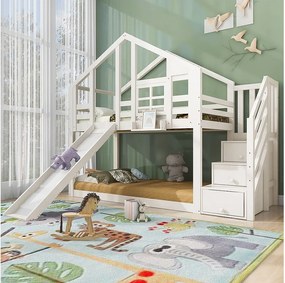 Łóżka piętrowe dla dzieci z domkiem do zabawy - 2 x 90 x 200 cm - ze schodami do przechowywania + zjeżdżalnią + dachem - Drewno + MDF - Białe