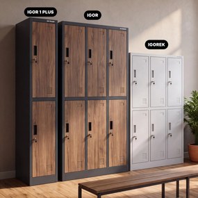 Szafka BHP ubraniowa, pracownicza, pojedyncza, 2 skrytki z drążkiem, antracytowa/orzech, 316,5x1850x450 mm: IGOR 1 Plus Eco Design