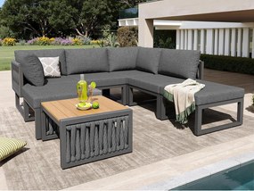 Salon ogrodowy, zestaw mebli, lin, na 5 osób - kanapa narożna - stolik kawowy i drewniany blat - z żelaza ocynkowanego, Szary