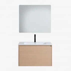 Zestaw Wiszących Mebli Łazienkowych 80x50 Cm Z Drewna Zintegrowany Z Umywalką Jacob Naturalna & Prostokątny Led I Przeciwmgielny - Sklum