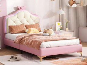 Łóżko dziecięce tapicerowane z kolorowym LED i kokardą na głowie - ze skaju - 90x200cm - z stelażem na listwach - Różowe